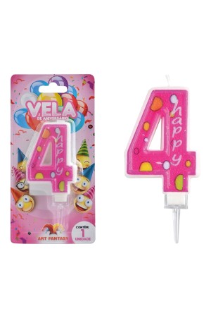 VELA DE ANIVERSÁRIO NÚMERO 4 COR ROSA ART FANTSY
