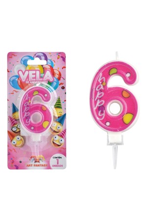 VELA DE ANIVERSÁRIO NÚMERO 6 COR ROSA ART FANTSY