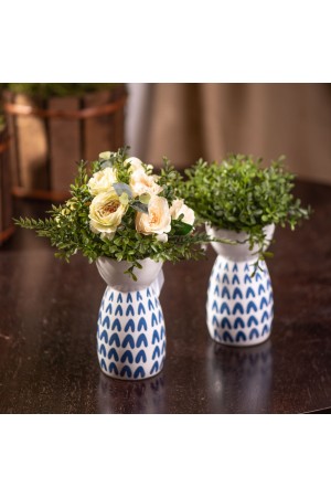 Vaso Cachepot de Cerâmica Branco Estampas em Azul - HD01794