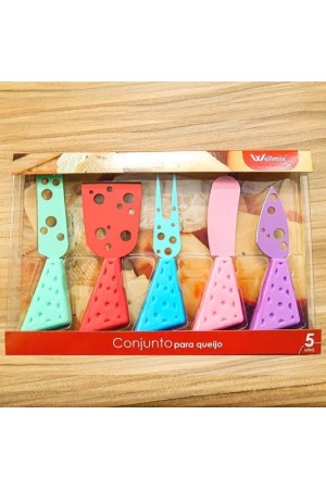 Kit Facas p/ Queijos e Frios c/ 3 Facas + Garfo + Espátula - total 5 pecas